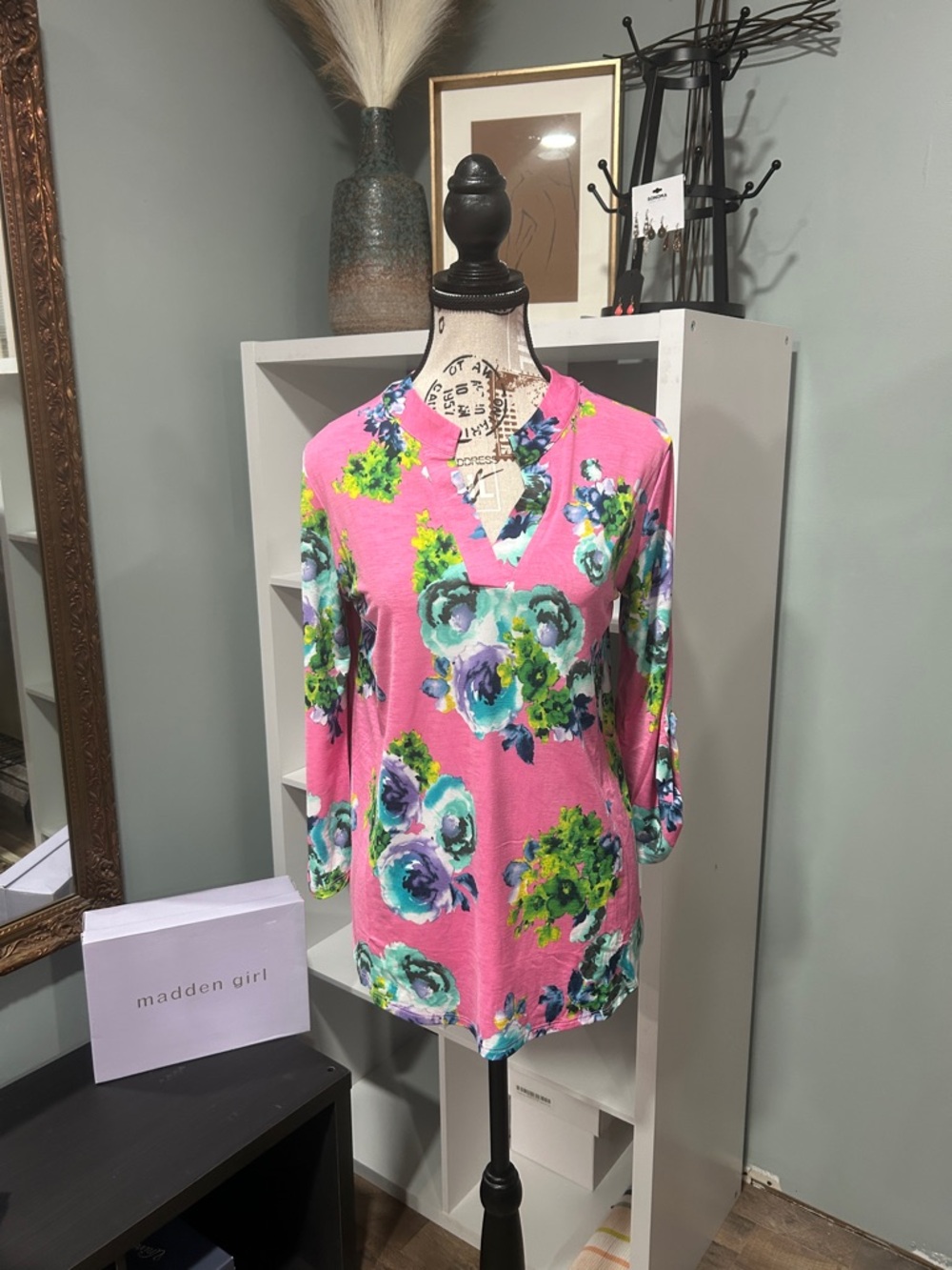 Pink Floral Split-Neck Blouse with Roll-Tab Sleeves - Picture 2 of 5
